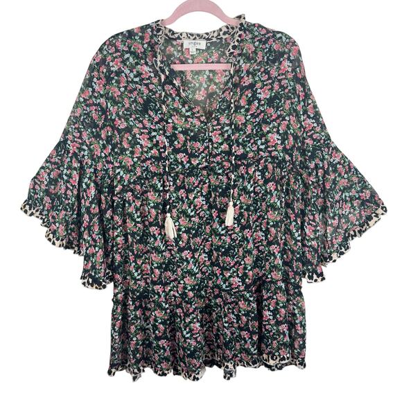 Umgee USA Floral Print Bell Sleeve Lightweight Lined Tasseled Mini Dress Size L - Picture 1 of 6